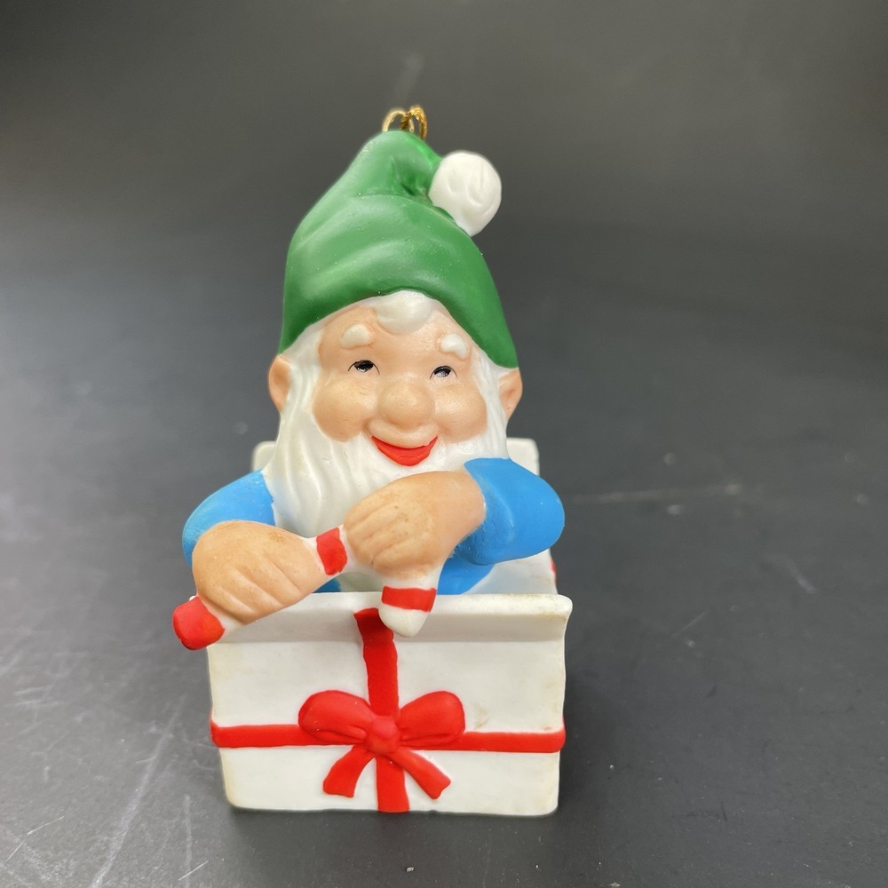 Vtg Gnome Popping‎ Out Of Present Christmas Ornament Santa Hat Holiday Elf Cane